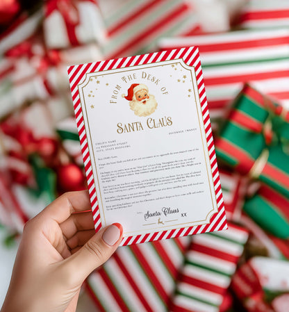 Letter from Santa Claus held by a hand with Christmas-themed background. Printable Letter From Santa Template, Approved Nice List Member Letter From Santa Claus, Christmas Letter From Santa, Stripe Red