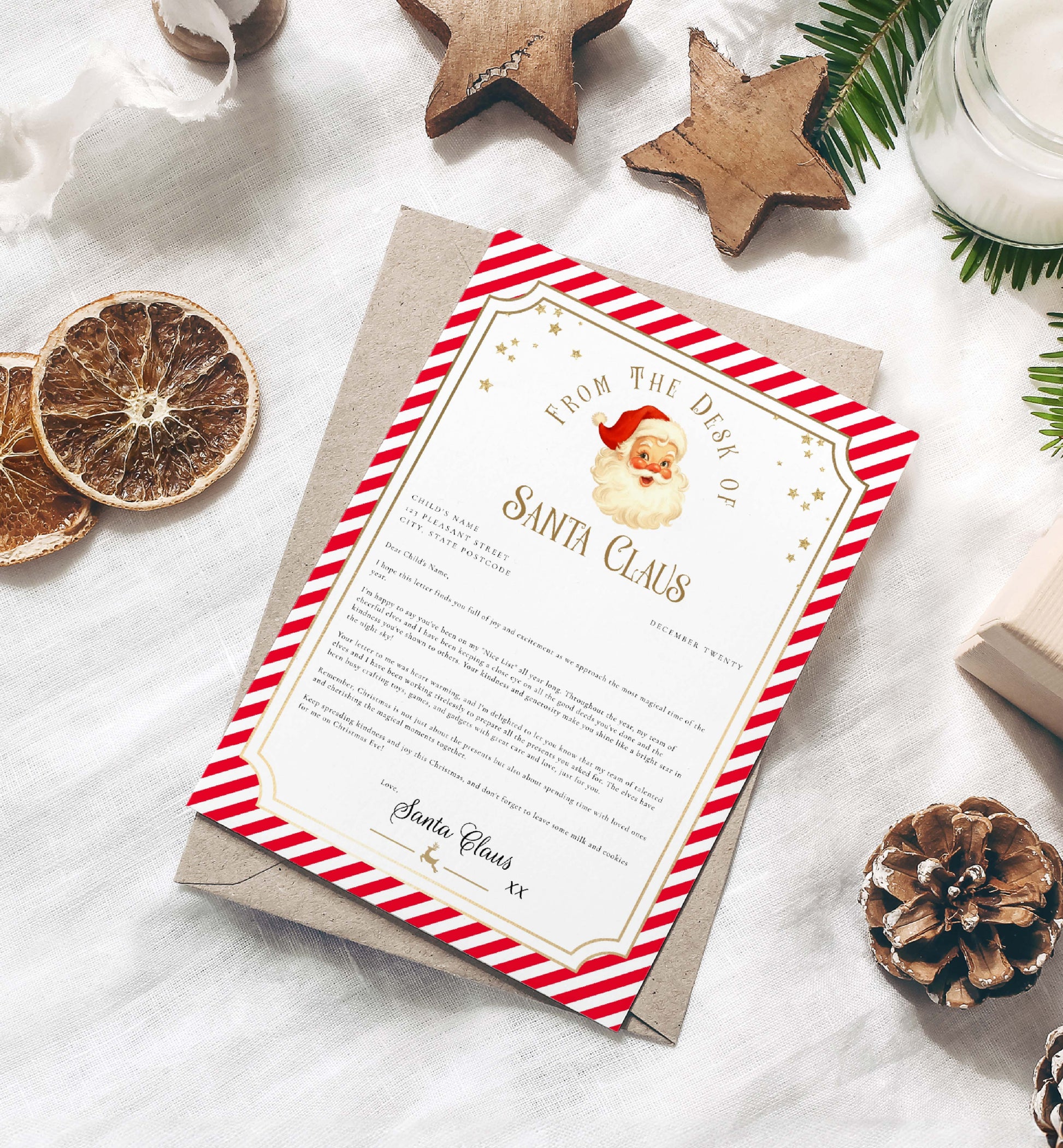 Letter from Santa Claus with Christmas decorations on a white surface. Printable Letter From Santa Template, Approved Nice List Member Letter From Santa Claus, Christmas Letter From Santa, Stripe Red