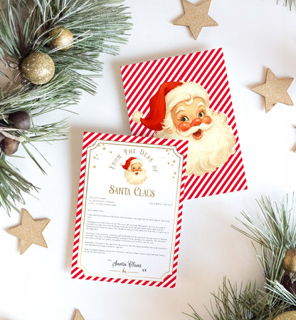 Letter from Santa Claus with red and white striped border on a Christmas-themed background with decorations. Printable Letter From Santa Template, Approved Nice List Member Letter From Santa Claus, Christmas Letter From Santa, Stripe Red