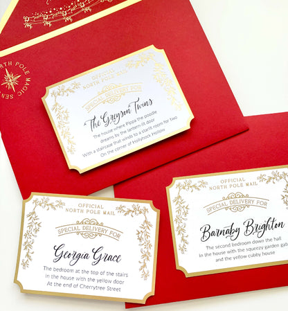 Red envelopes with gold and white labels on a white background. Personalised Letter From Santa Claus, Addressed Envelope and North Pole Postage Stamps, Christmas Eve Box Gift, Christmas Present