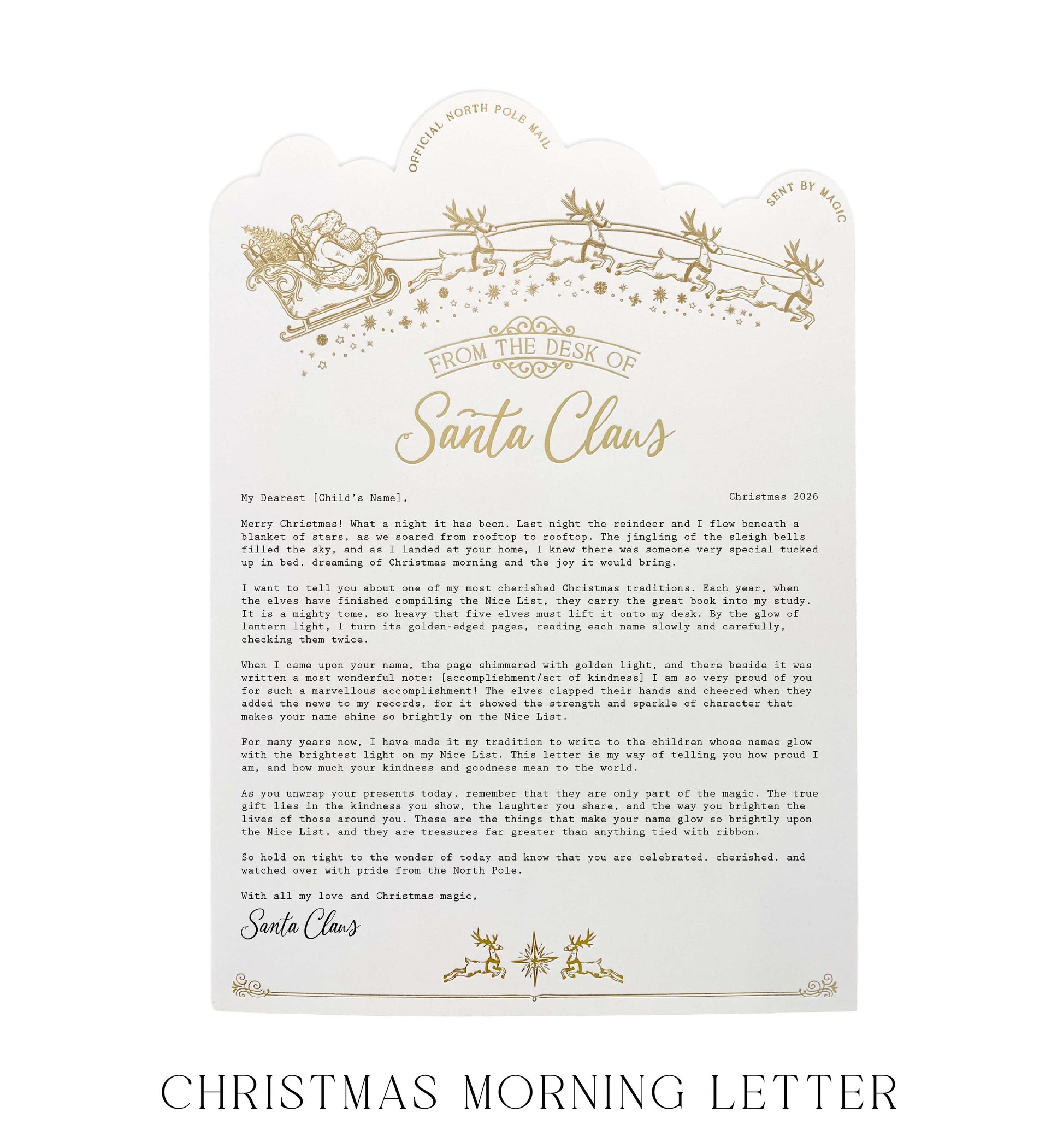 A Christmas morning letter card template with a scalloped white border, gold decorative wreath and snowflake motifs, and a printed message from Santa Claus. The card is centered on a white background with the text 'CHRISTMAS MORNING LETTER' below it.