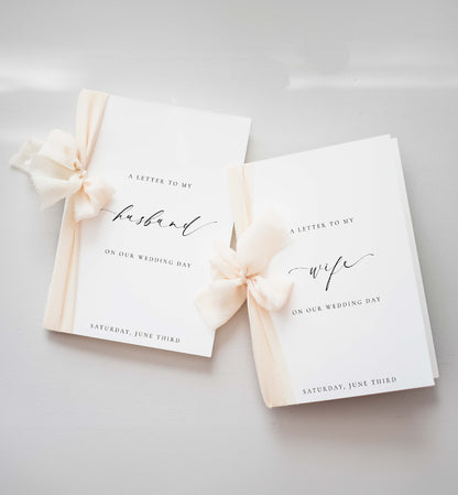Two wedding day letter books with ribbons on a light gray background. Printable Wedding Vow Books, A Letter To My Husband Wedding Day Card Template, Minimalist Wedding, Bride and Groom Vows Card, Ellesmere