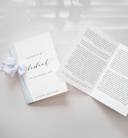 Letter to my husband on our wedding day with a ribbon on a light background. Printable Wedding Vow Books, A Letter To My Husband Wedding Day Card Template, Minimalist Wedding, Bride and Groom Vows Card, Ellesmere