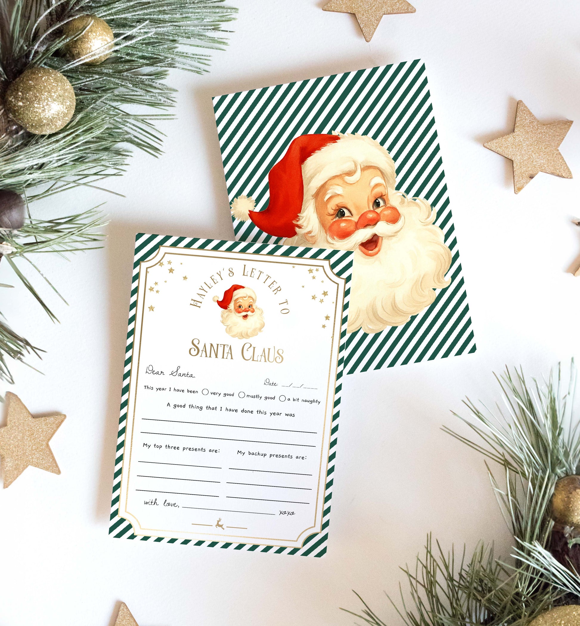 Letter to Santa Claus with green striped envelope on a festive background. Printable Letter To Santa Template, Christmas Eve Mail for Kids, Children's Christmas Wish List, Dear Santa Christmas Letter, Stripe Green