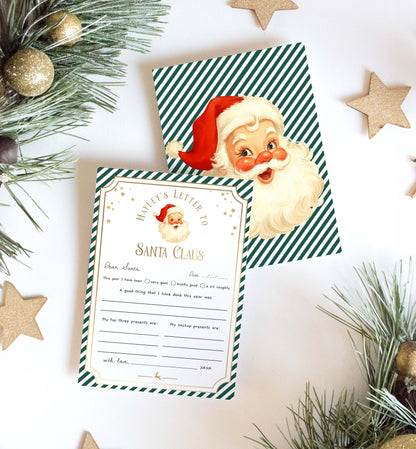 Letter to Santa Claus with green striped envelope on a festive background. Printable Letter To Santa Template, Christmas Eve Mail for Kids, Children's Christmas Wish List, Dear Santa Christmas Letter, Stripe Green