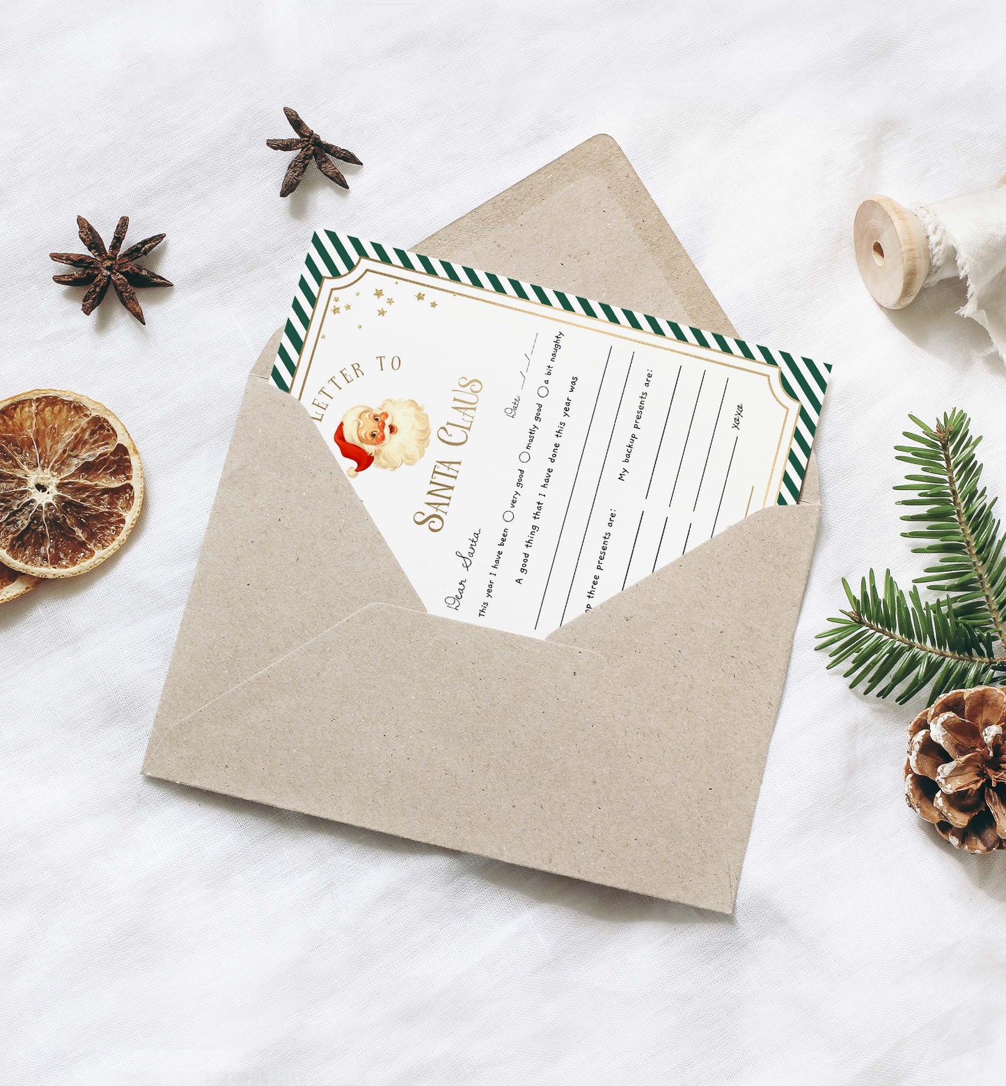 Letter to Santa Claus card in a kraft paper envelope with Christmas decorations on a white background. Printable Letter To Santa Template, Christmas Eve Mail for Kids, Children's Christmas Wish List, Dear Santa Christmas Letter, Stripe Green