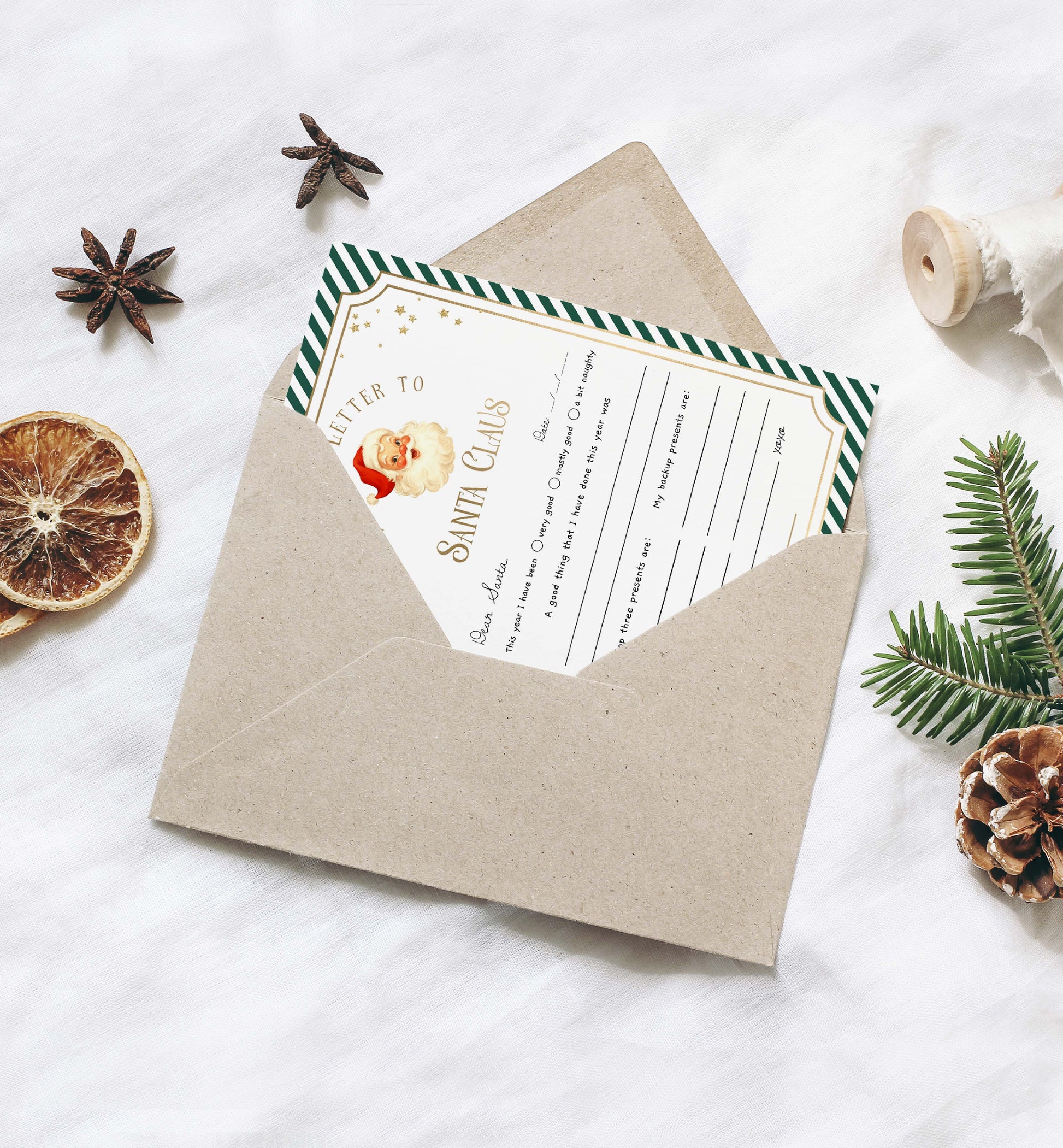 Letter to Santa Claus card in a kraft paper envelope with Christmas decorations on a white background. Printable Letter To Santa Template, Christmas Eve Mail for Kids, Children's Christmas Wish List, Dear Santa Christmas Letter, Stripe Green