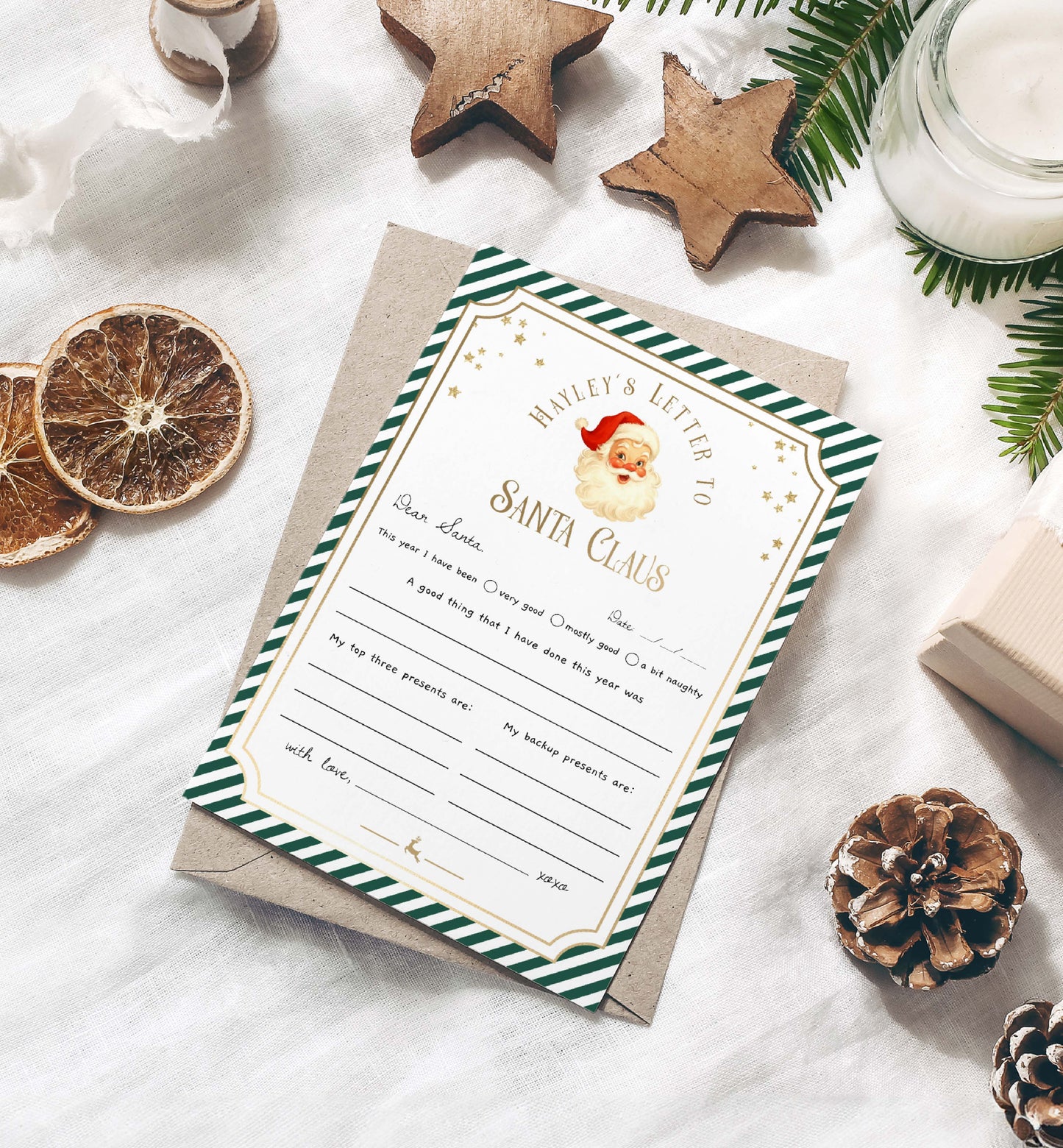Letter to Santa Claus template with Christmas decorations on a white surface. Printable Letter To Santa Template, Christmas Eve Mail for Kids, Children's Christmas Wish List, Dear Santa Christmas Letter, Stripe Green