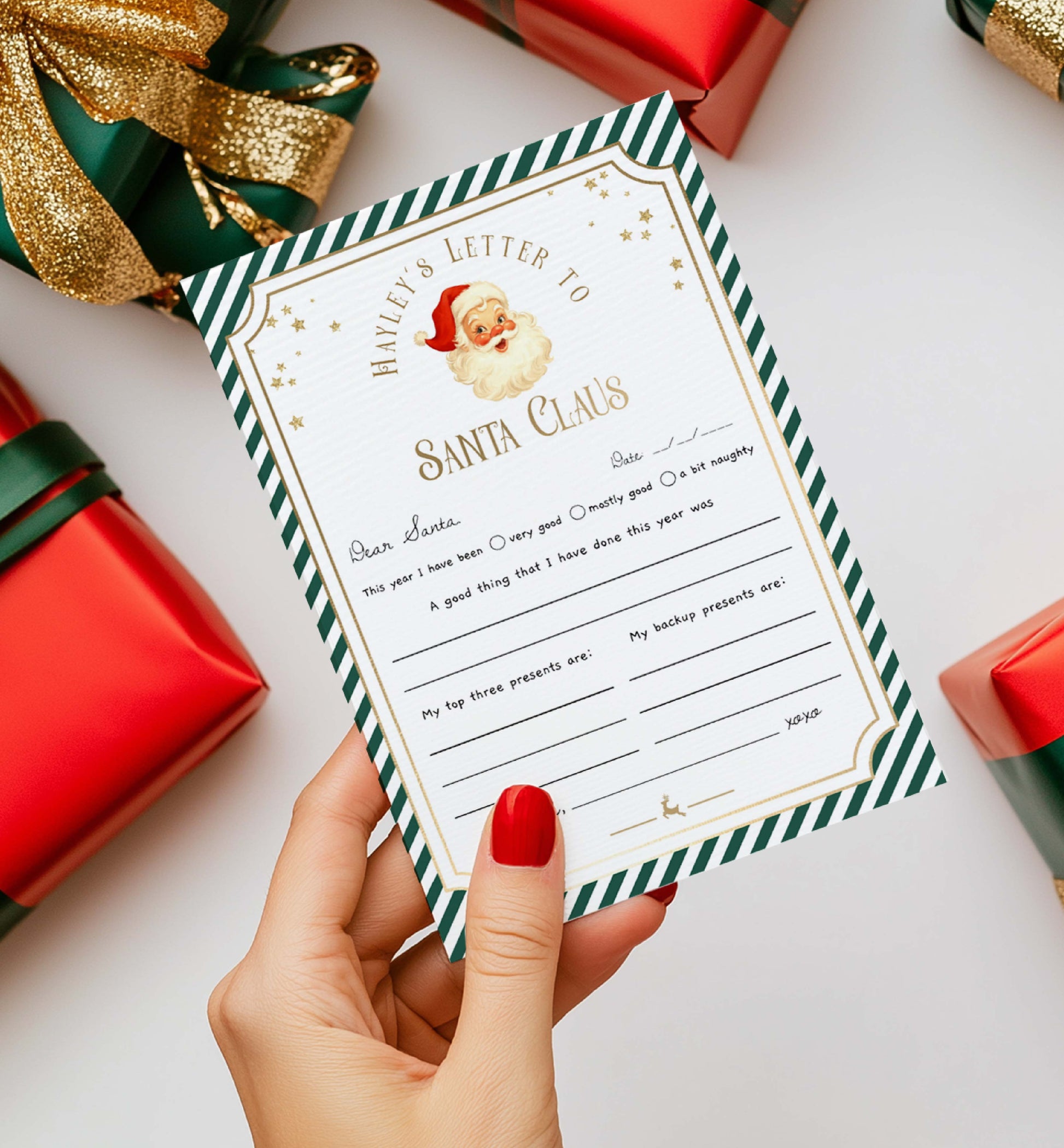 Letter to Santa Claus with Christmas presents on a white background. Printable Letter To Santa Template, Christmas Eve Mail for Kids, Children's Christmas Wish List, Dear Santa Christmas Letter, Stripe Green