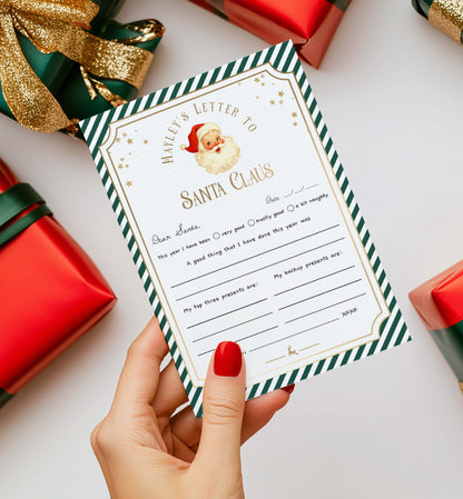 Letter to Santa Claus with Christmas presents on a white background. Printable Letter To Santa Template, Christmas Eve Mail for Kids, Children's Christmas Wish List, Dear Santa Christmas Letter, Stripe Green