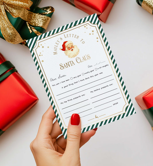 Letter to Santa Claus with Christmas presents on a white background. Printable Letter To Santa Template, Christmas Eve Mail for Kids, Children's Christmas Wish List, Dear Santa Christmas Letter, Stripe Green