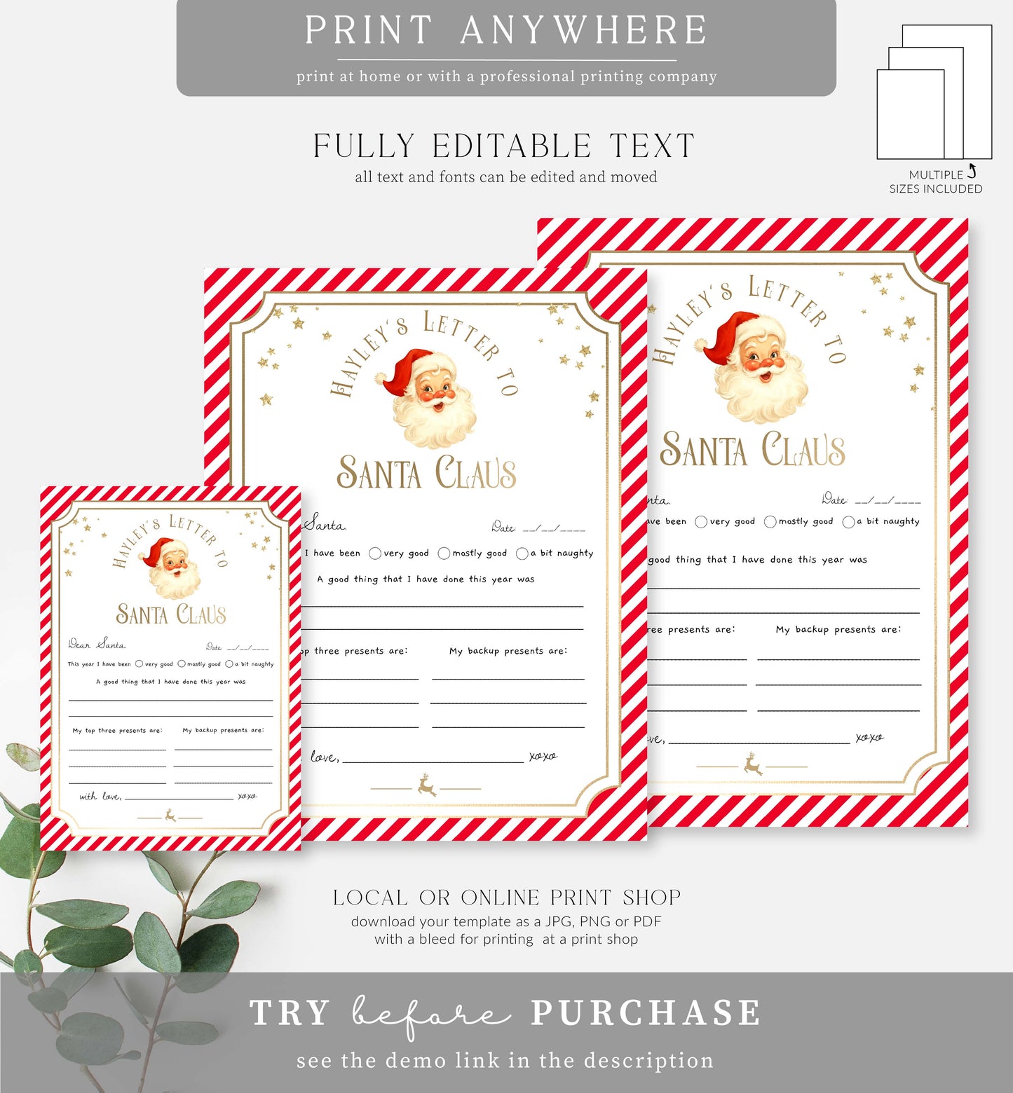 Stripe Red | Printable Christmas Letter To Santa Template