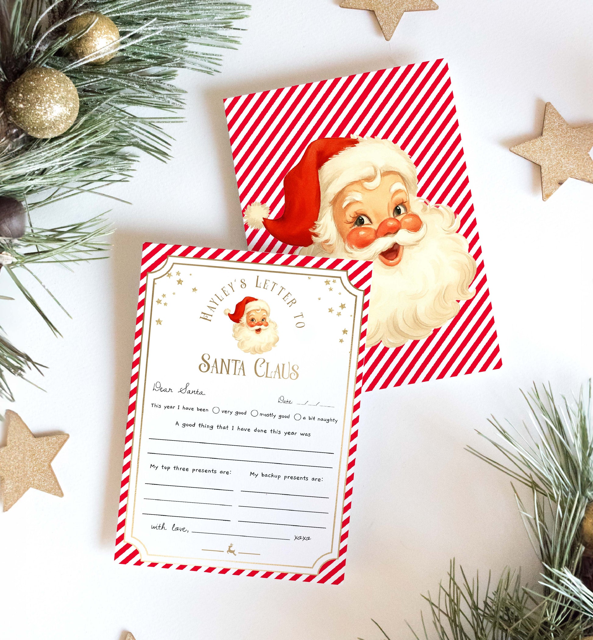 Letter to Santa Claus with a striped envelope on a festive background. Printable Letter To Santa Template, Christmas Eve Mail for Kids, Children's Christmas Wish List, Dear Santa Christmas Letter, Stripe Red