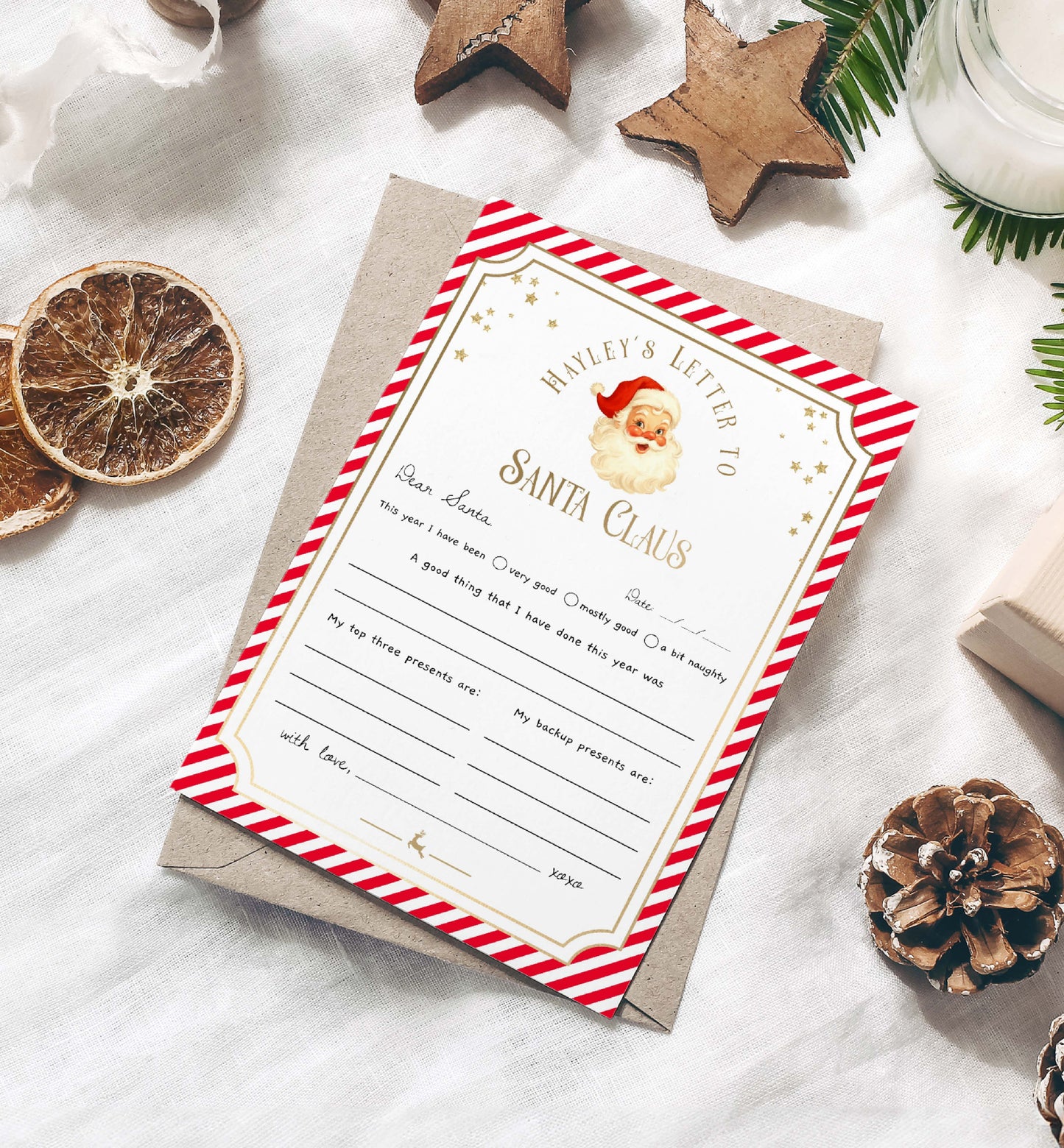 Letter to Santa Claus with red and white striped border on a textured surface with decorative elements. Printable Letter To Santa Template, Christmas Eve Mail for Kids, Children's Christmas Wish List, Dear Santa Christmas Letter, Stripe Red