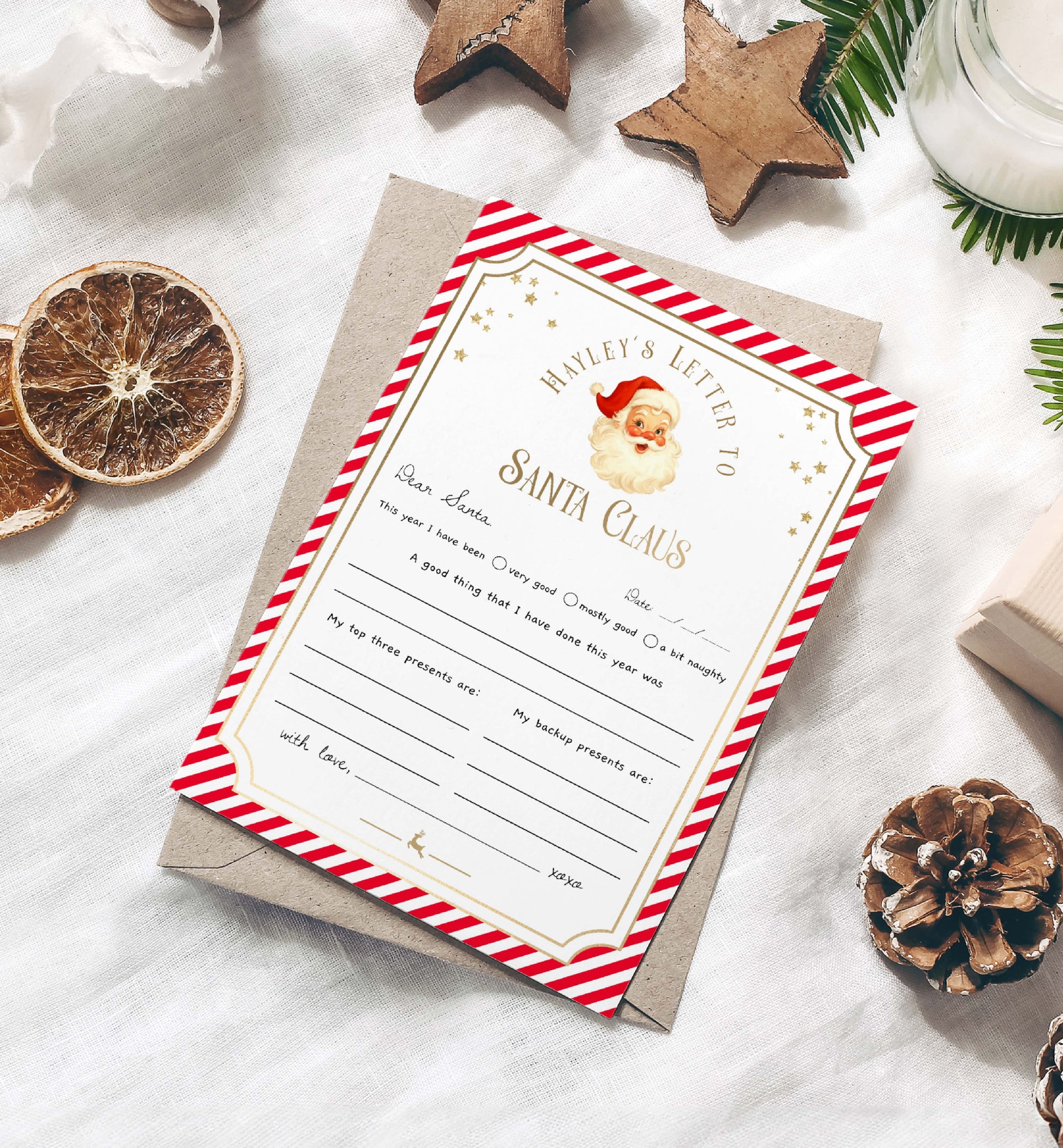 Letter to Santa Claus with red and white striped border on a textured surface with decorative elements. Printable Letter To Santa Template, Christmas Eve Mail for Kids, Children's Christmas Wish List, Dear Santa Christmas Letter, Stripe Red