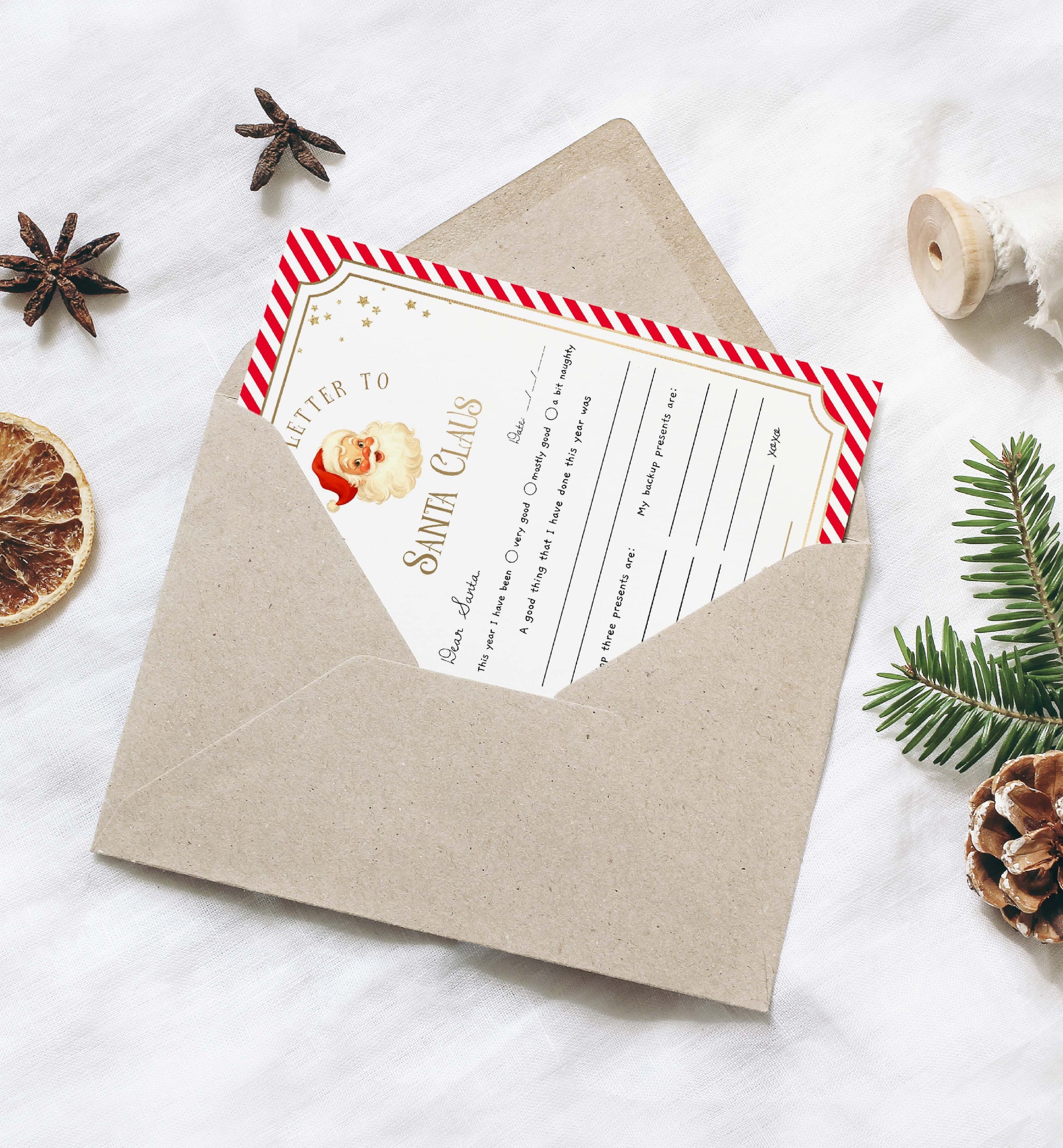Letter to Santa Claus in a brown envelope on a white surface with Christmas decorations. Printable Letter To Santa Template, Christmas Eve Mail for Kids, Children's Christmas Wish List, Dear Santa Christmas Letter, Stripe Red