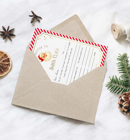 Letter to Santa Claus in a brown envelope on a white surface with Christmas decorations. Printable Letter To Santa Template, Christmas Eve Mail for Kids, Children's Christmas Wish List, Dear Santa Christmas Letter, Stripe Red