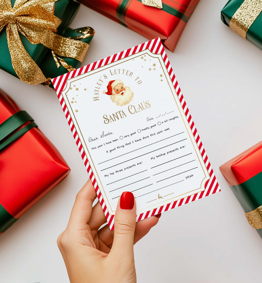 Hand holding a letter to Santa Claus with Christmas presents in the background. Printable Letter To Santa Template, Christmas Eve Mail for Kids, Children's Christmas Wish List, Dear Santa Christmas Letter, Stripe Red