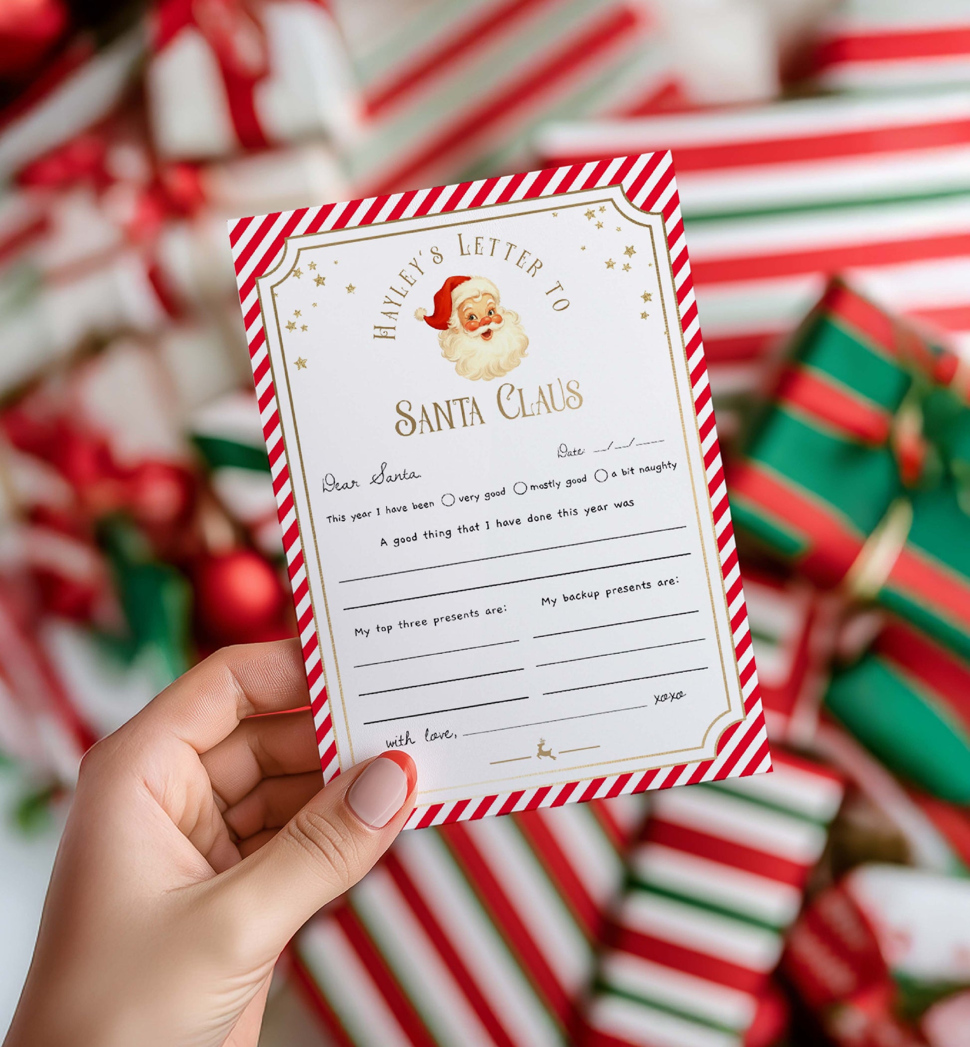 Hand holding a letter to Santa Claus with Christmas-themed background. Printable Letter To Santa Template, Christmas Eve Mail for Kids, Children's Christmas Wish List, Dear Santa Christmas Letter, Stripe Red