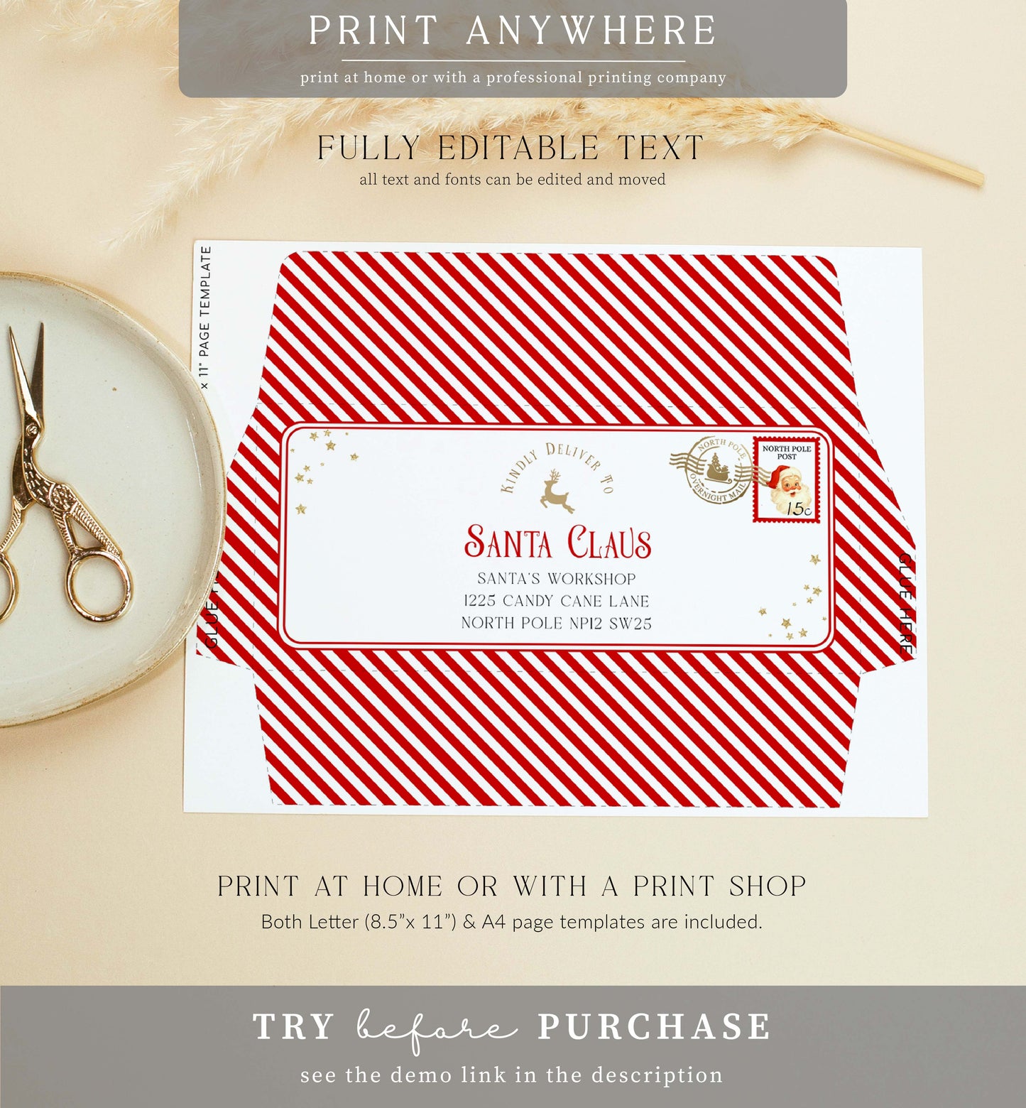 Santa's Workshop Red | Printable Santa Christmas Envelope Template