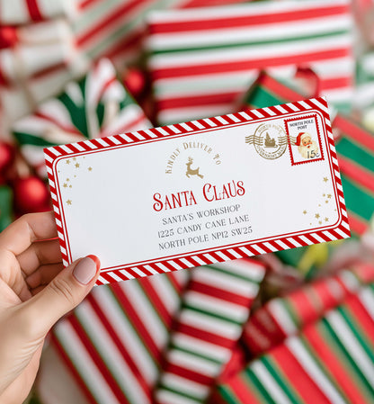 Hand holding a Santa Claus letter with candy cane-themed background. Printable Letter To Santa Envelope, Santa North Pole Mail Envelope Template, Christmas Eve Box Santa Letter, Red Stripe