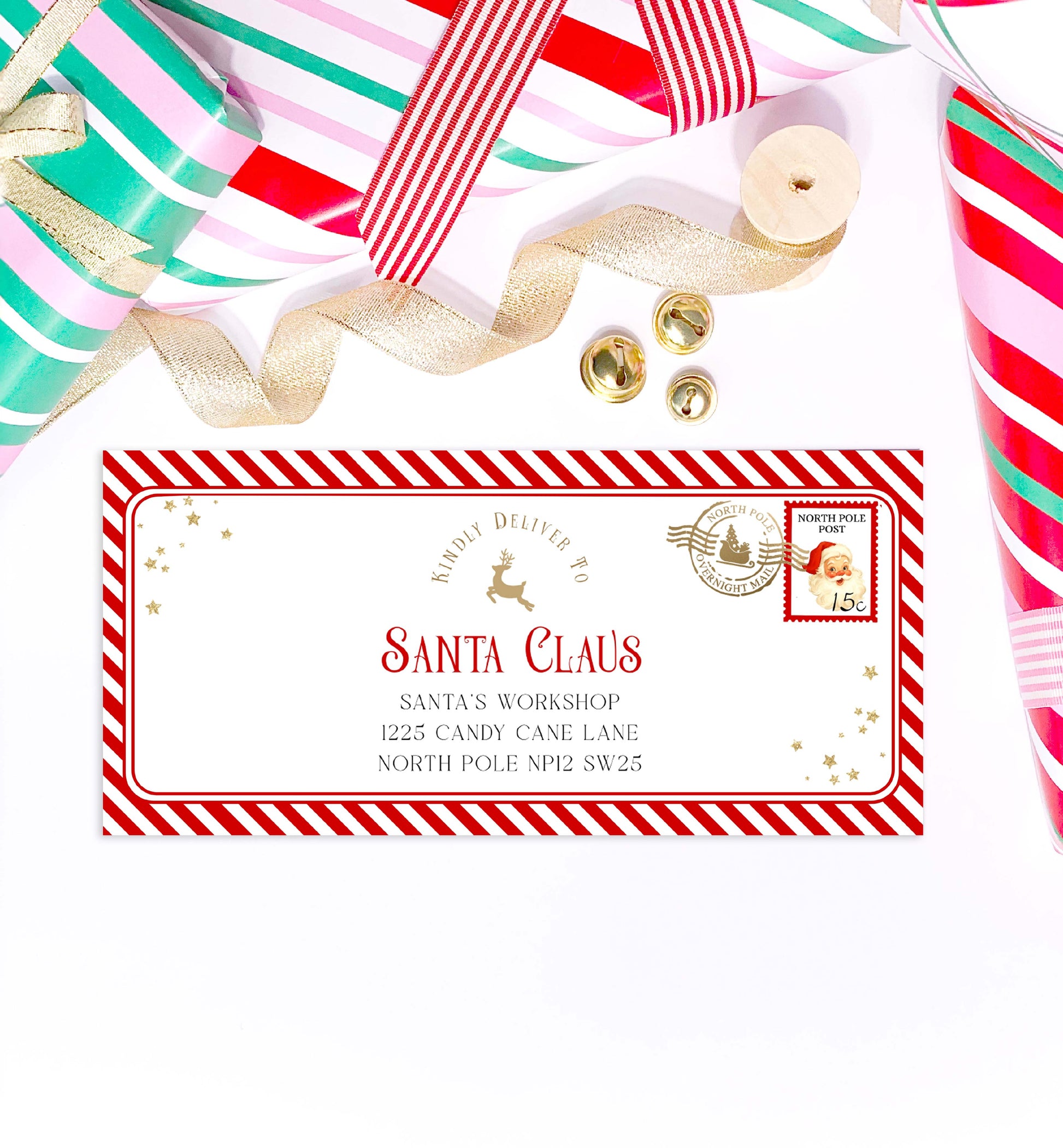 Decorative envelope addressed to Santa Claus with Christmas ribbons and decorations. Printable Letter To Santa Envelope, Santa North Pole Mail Envelope Template, Christmas Eve Box Santa Letter, Red Stripe