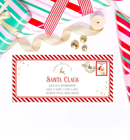 Decorative envelope addressed to Santa Claus with Christmas ribbons and decorations. Printable Letter To Santa Envelope, Santa North Pole Mail Envelope Template, Christmas Eve Box Santa Letter, Red Stripe