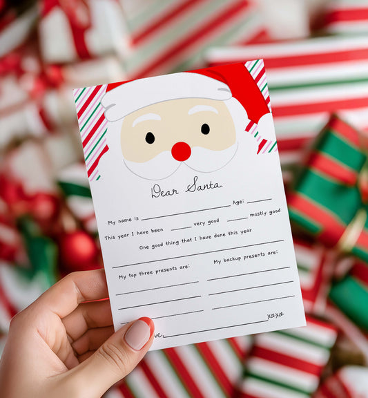 Letter to Santa Claus with a cartoon face on a colorful background. Printable Letter To Santa Template, Christmas Eve Mail for Kids, Children's Christmas Wish List, Dear Santa Christmas Letter, Stripe Pink
