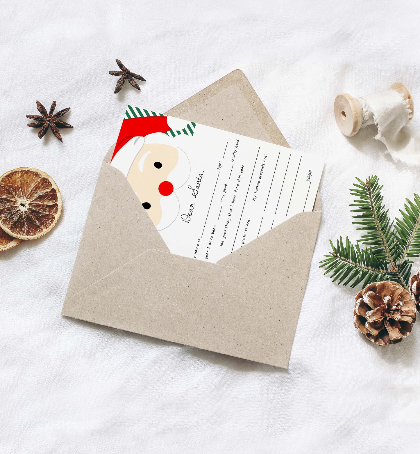 Letter with Santa Claus illustration in a kraft envelope on a white background with Christmas decorations. Printable Letter To Santa Template, Christmas Eve Mail for Kids, Children's Christmas Wish List, Dear Santa Christmas Letter, Stripe Green