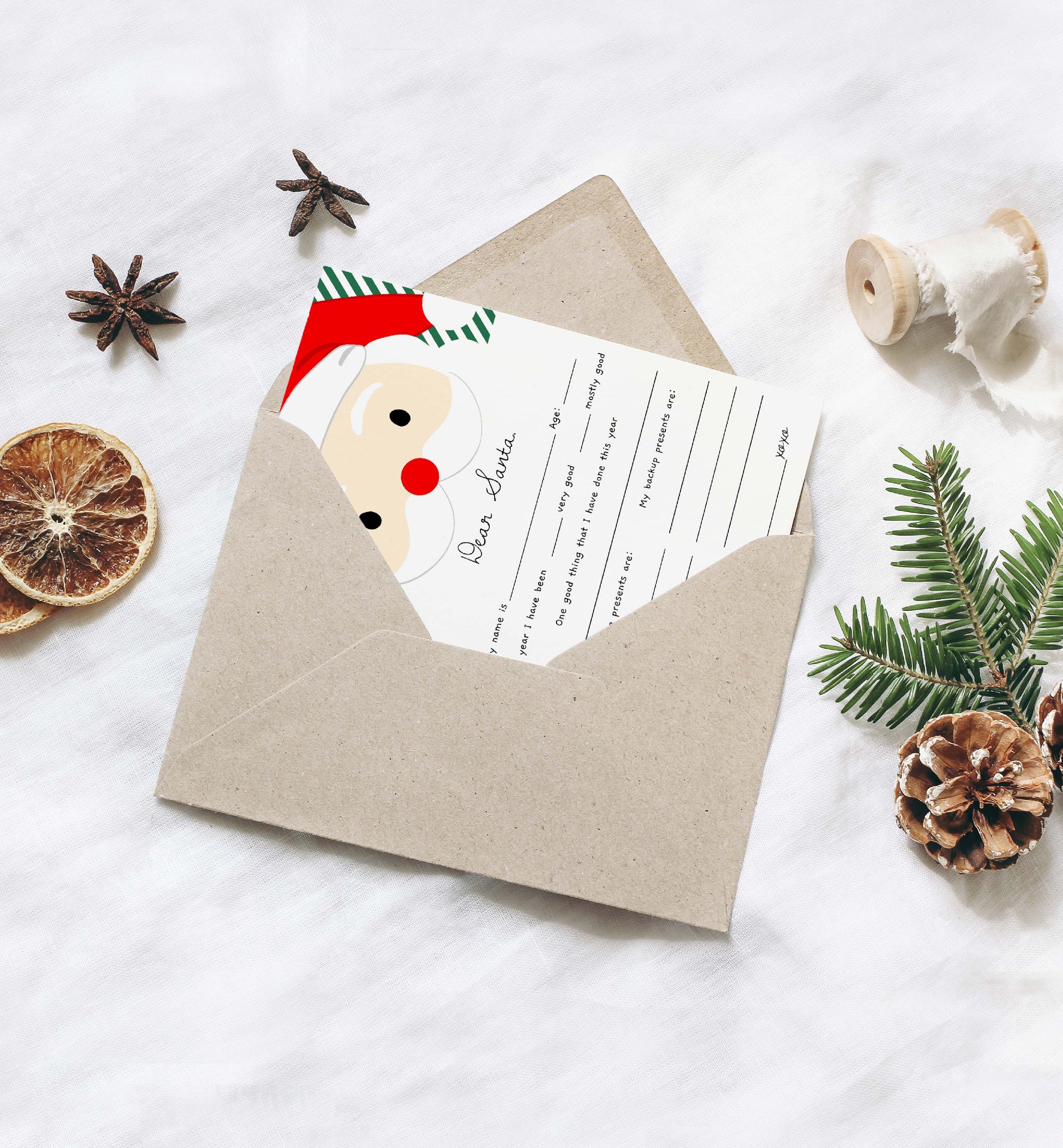 Letter with Santa Claus illustration in a kraft envelope on a white background with Christmas decorations. Printable Letter To Santa Template, Christmas Eve Mail for Kids, Children's Christmas Wish List, Dear Santa Christmas Letter, Stripe Green