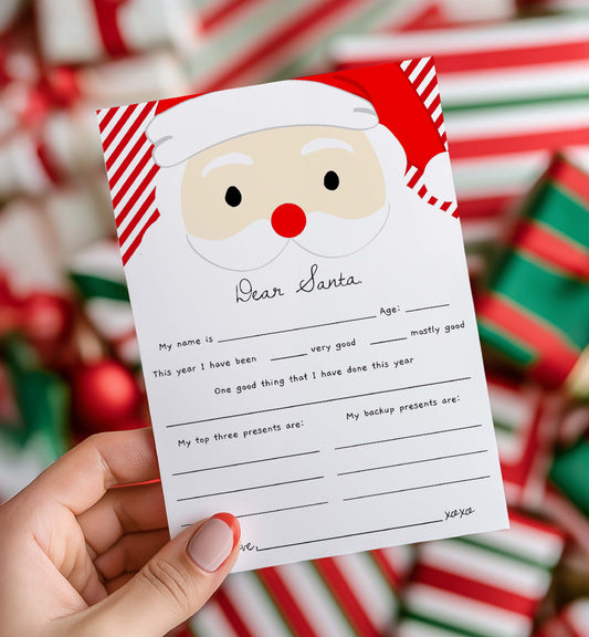 Santa Claus-themed letter for writing a wish list with blurred Christmas presents in the background. Printable Letter To Santa Template, Christmas Eve Mail for Kids, Children's Christmas Wish List, Dear Santa Christmas Letter, Stripe Red