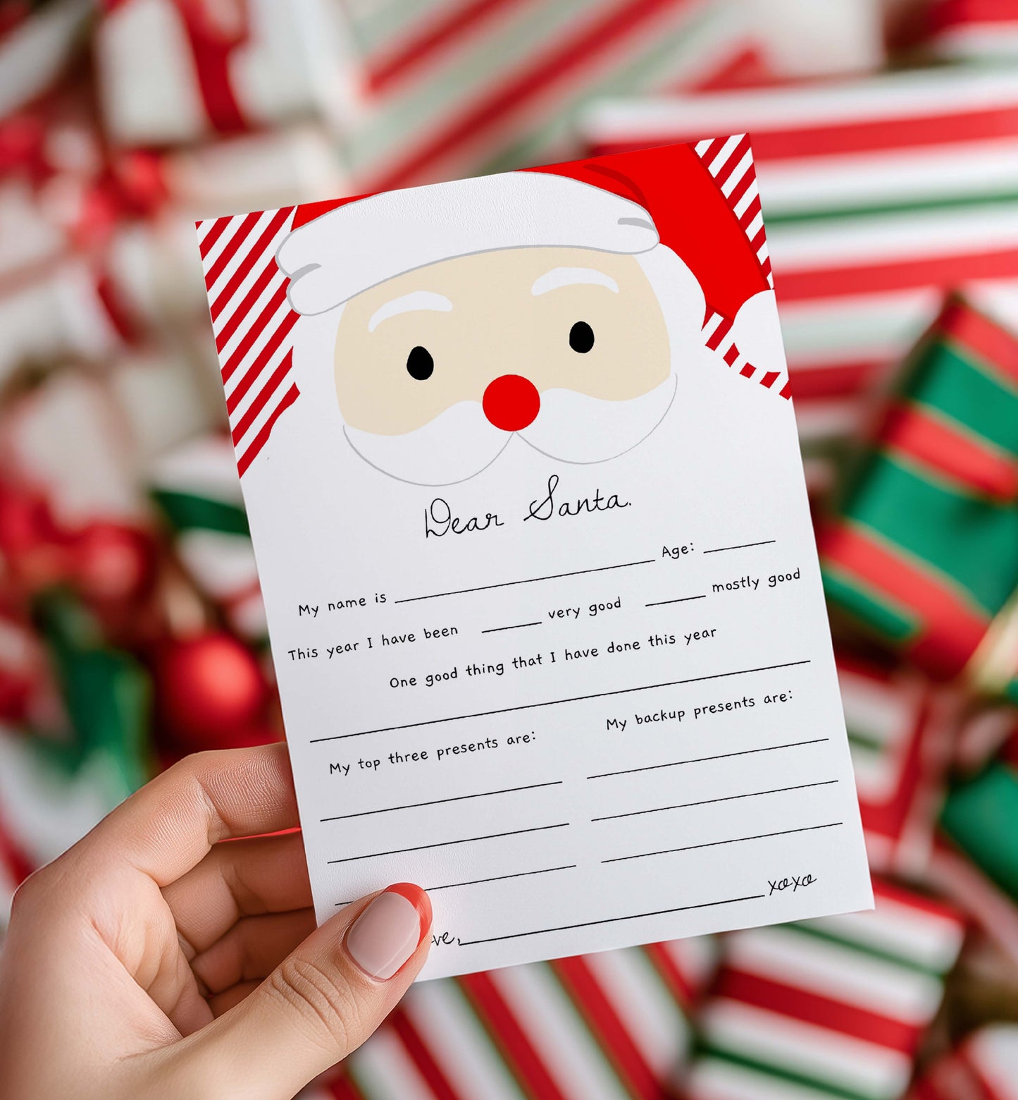 Letter to Santa Claus held by a hand with candy canes in the background. Printable Letter To Santa Template, Christmas Eve Mail for Kids, Children's Christmas Wish List, Dear Santa Christmas Letter, Stripe Red