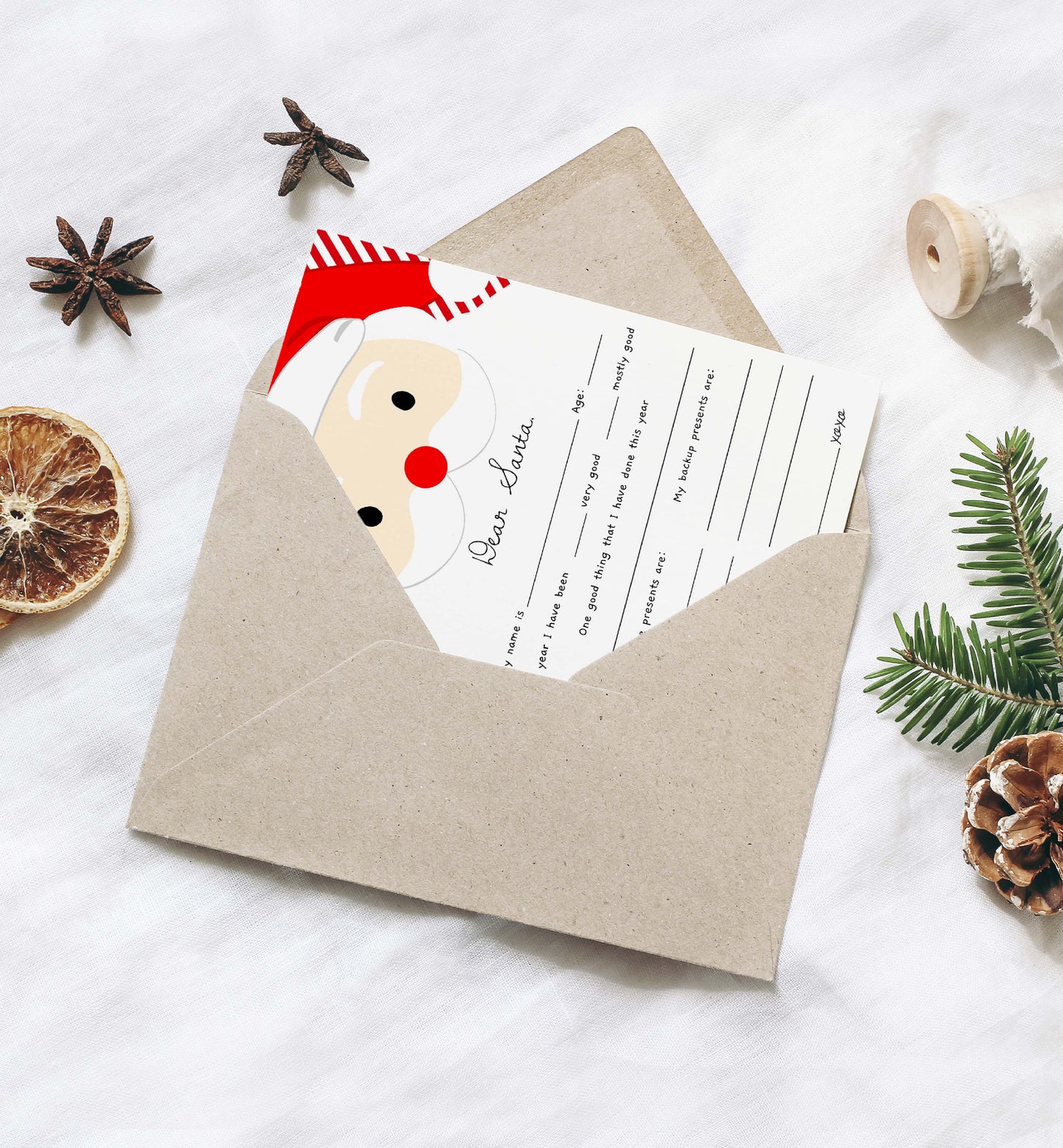 Brown envelope with a Santa Claus design on a white background. Printable Letter To Santa Template, Christmas Eve Mail for Kids, Children's Christmas Wish List, Dear Santa Christmas Letter, Stripe Red