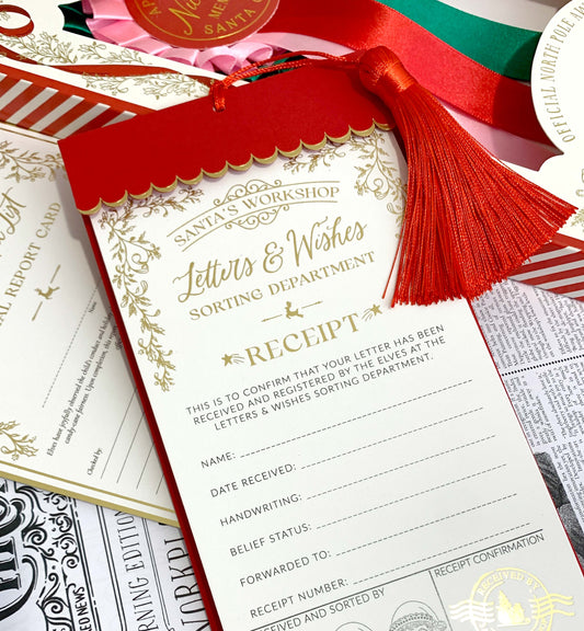Christmas-themed letter and envelope with red ribbon and tassel on a festive background. Letter To Santa Receipt Christmas Gift Tags, Red Envelope and Red Tassel, From Santa's Workshop Gift Tag Label, North Pole Gift Tag