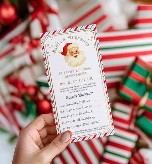 Hand holding a Santa's Workshop letter with Christmas-themed background. Printable Letter To Santa Receipt, Santa's Nice List Receipt, Letter From Santa's Workshop, North Pole Mail, Christmas Eve Box Santa Letter