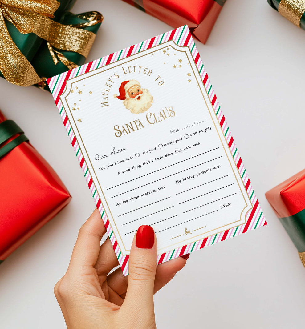 Stripe Pink Printable Christmas Letter To Santa Template Black Bow