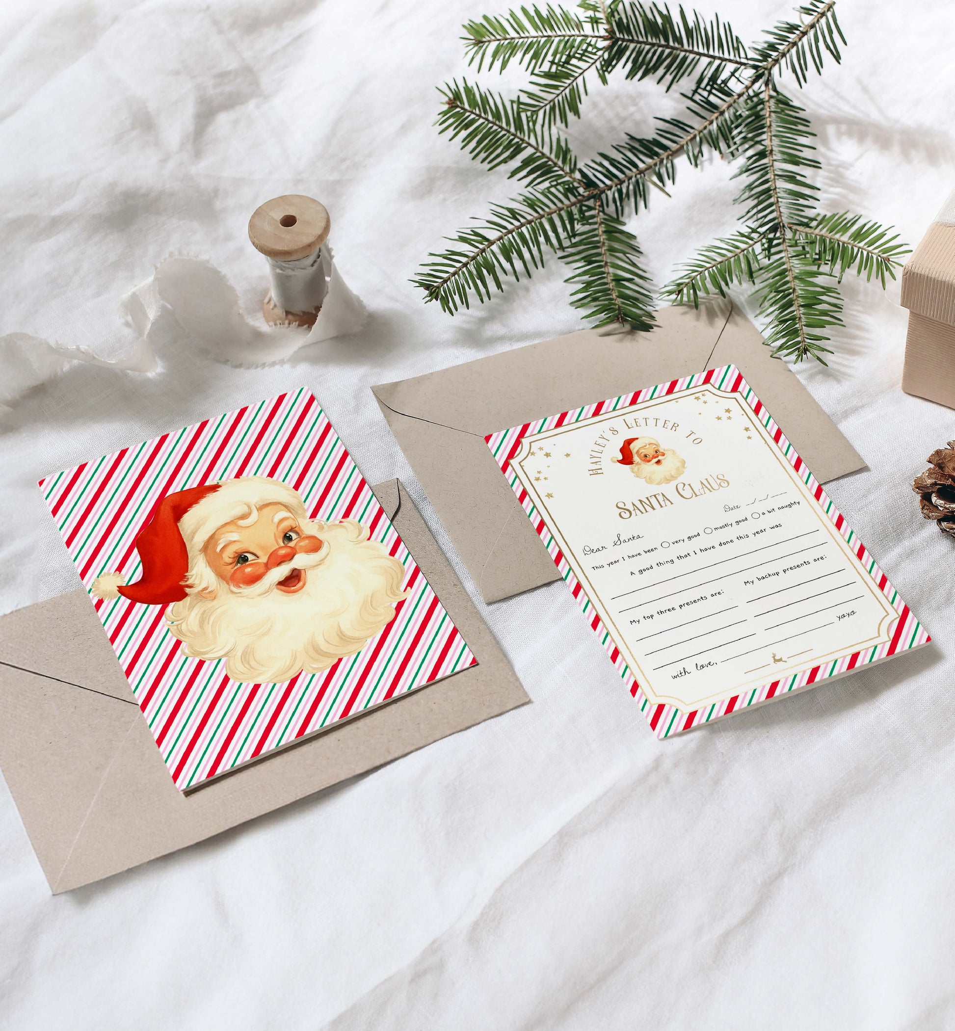 Christmas-themed letter and envelope set with Santa Claus illustration on a white surface. Printable Letter To Santa Template, Christmas Eve Mail for Kids, Children's Christmas Wish List, Dear Santa Christmas Letter, Stripe Pink