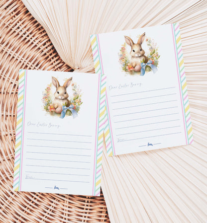 Two Easter-themed notepads with bunny illustrations on a woven surface.