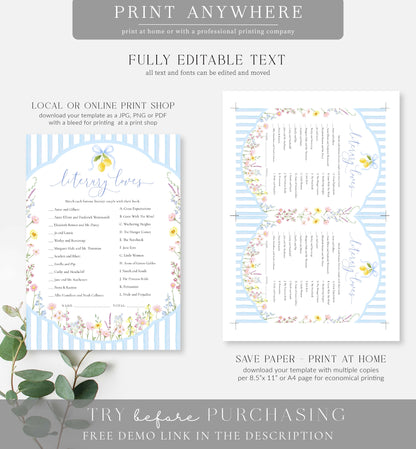 Posey Blue | Printable Literary Loves Game Template