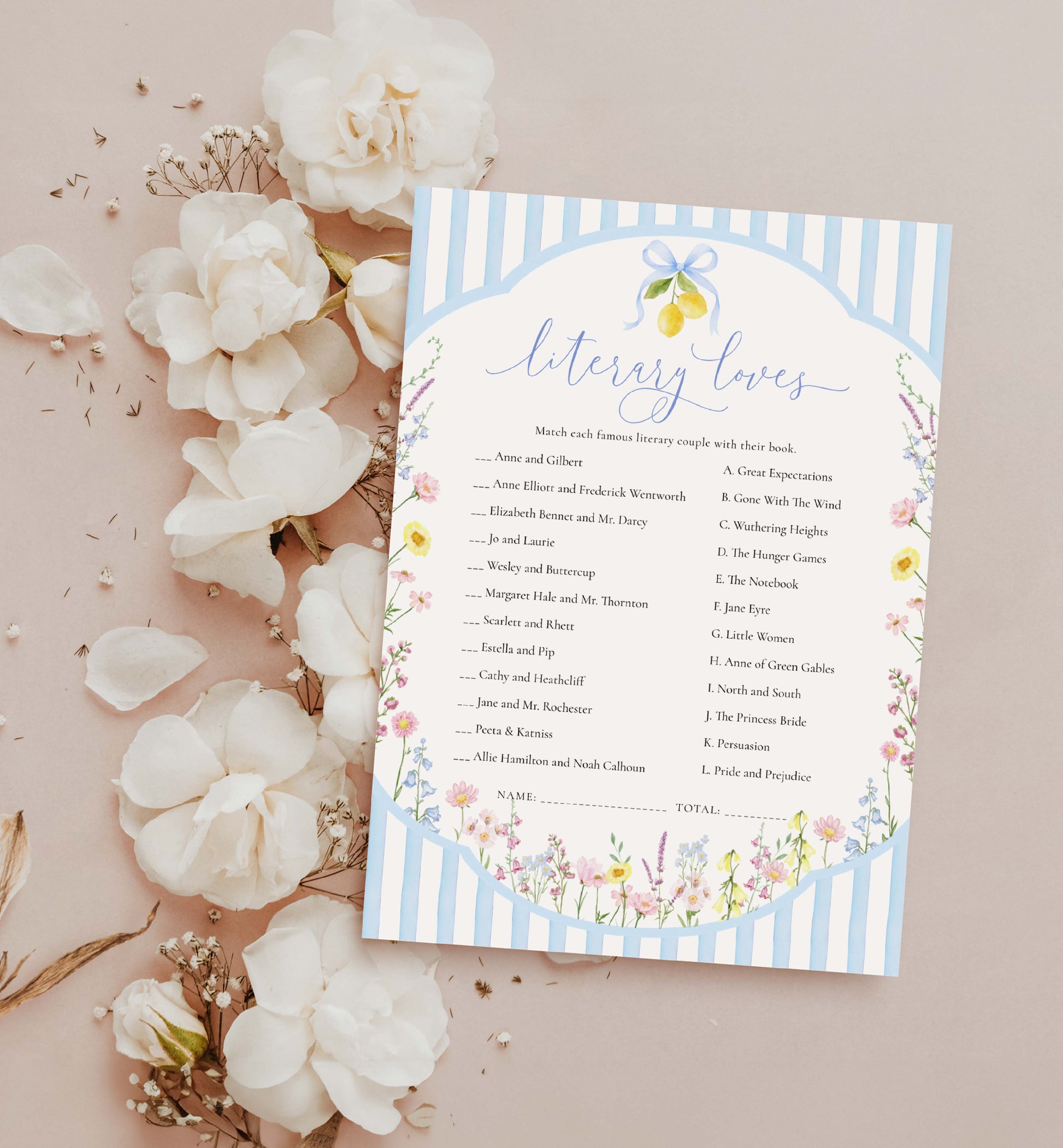 Floral-themed menu or list with decorative elements on a light pink background. Printable Literary Loves Game, Something Blue Bow Bridal Shower, Famous Book Characters Game, Book Theme Shower, Posey