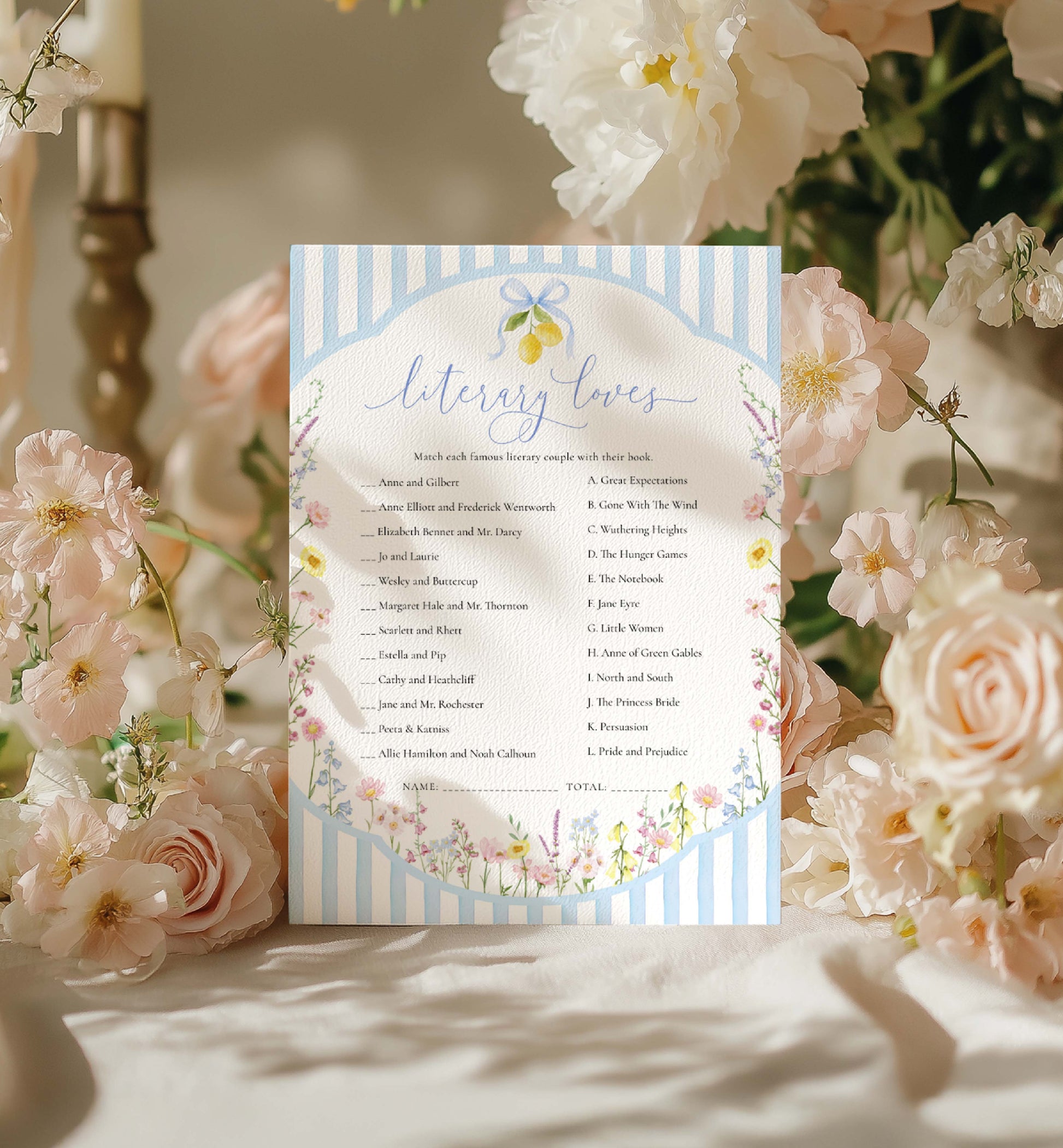 Printable Literary Loves Game, Something Blue Bow Bridal Shower, Famous Book Characters Game, Book Theme Shower, Posey