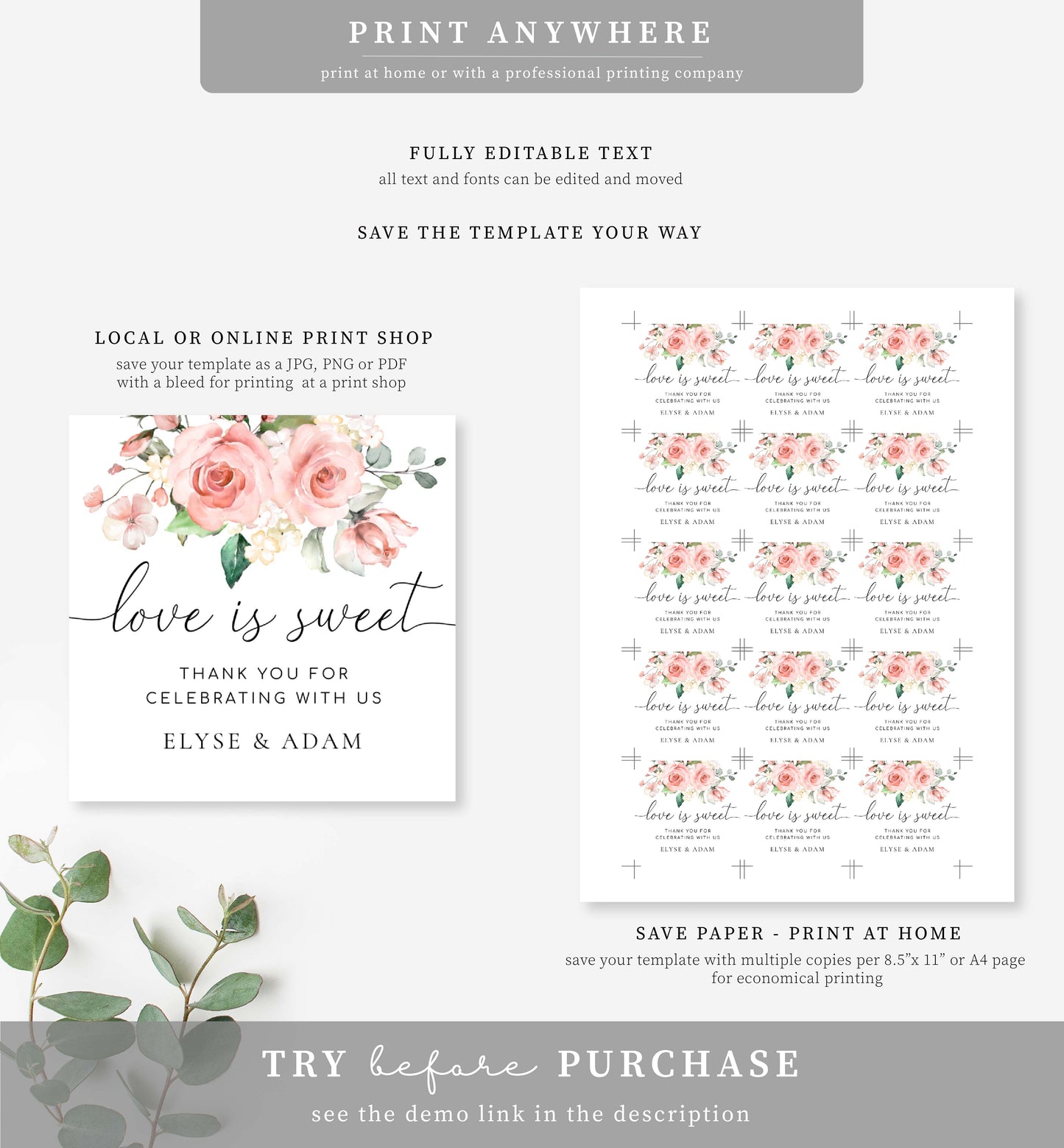 Darcy Floral Pink | Printable Love Is Sweet Favour Tag Template