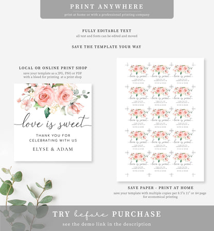 Darcy Floral Pink | Printable Love Is Sweet Favour Tag Template