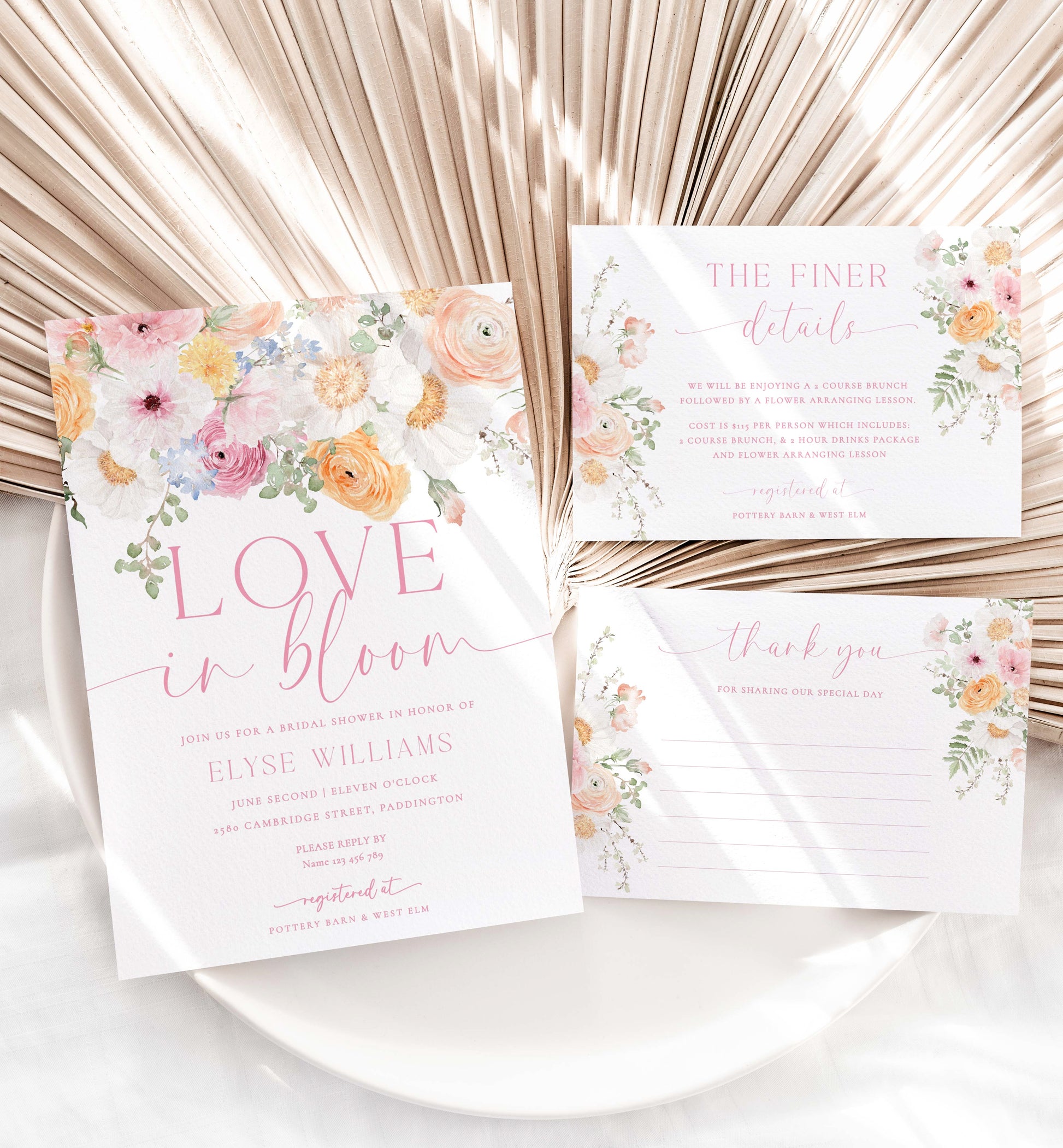 Love In Bloom Bridal Shower Invite, Thank You and Finer Details Card, Printable Spring Floral Bridal Shower Invite, Pink Wildflower, Millie