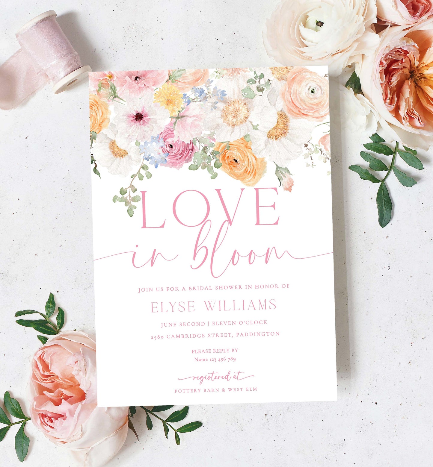 Love In Bloom Bridal Shower Invite, Thank You and Finer Details Card, Printable Spring Floral Bridal Shower Invite, Pink Wildflower, Millie