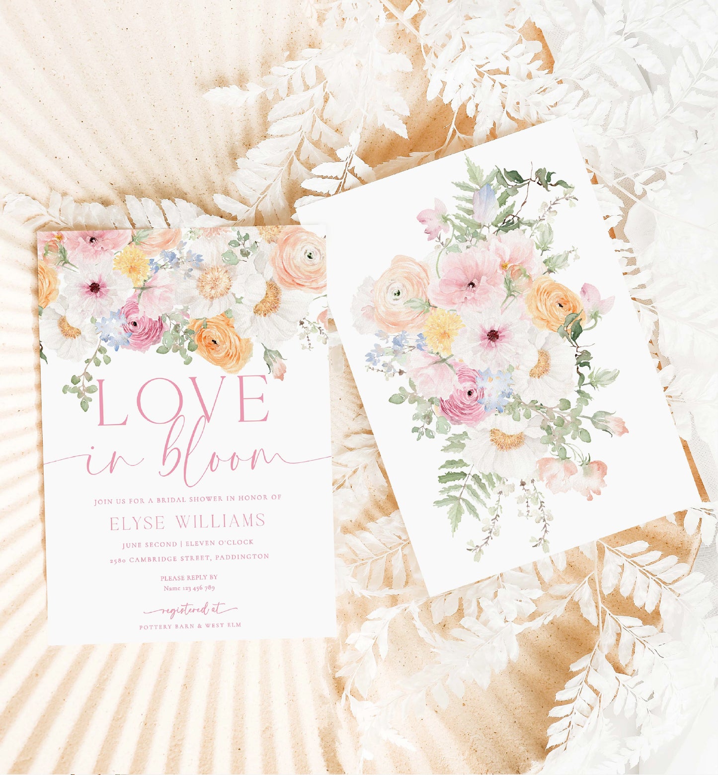 Love In Bloom Bridal Shower Invite, Thank You and Finer Details Card, Printable Spring Floral Bridal Shower Invite, Pink Wildflower, Millie