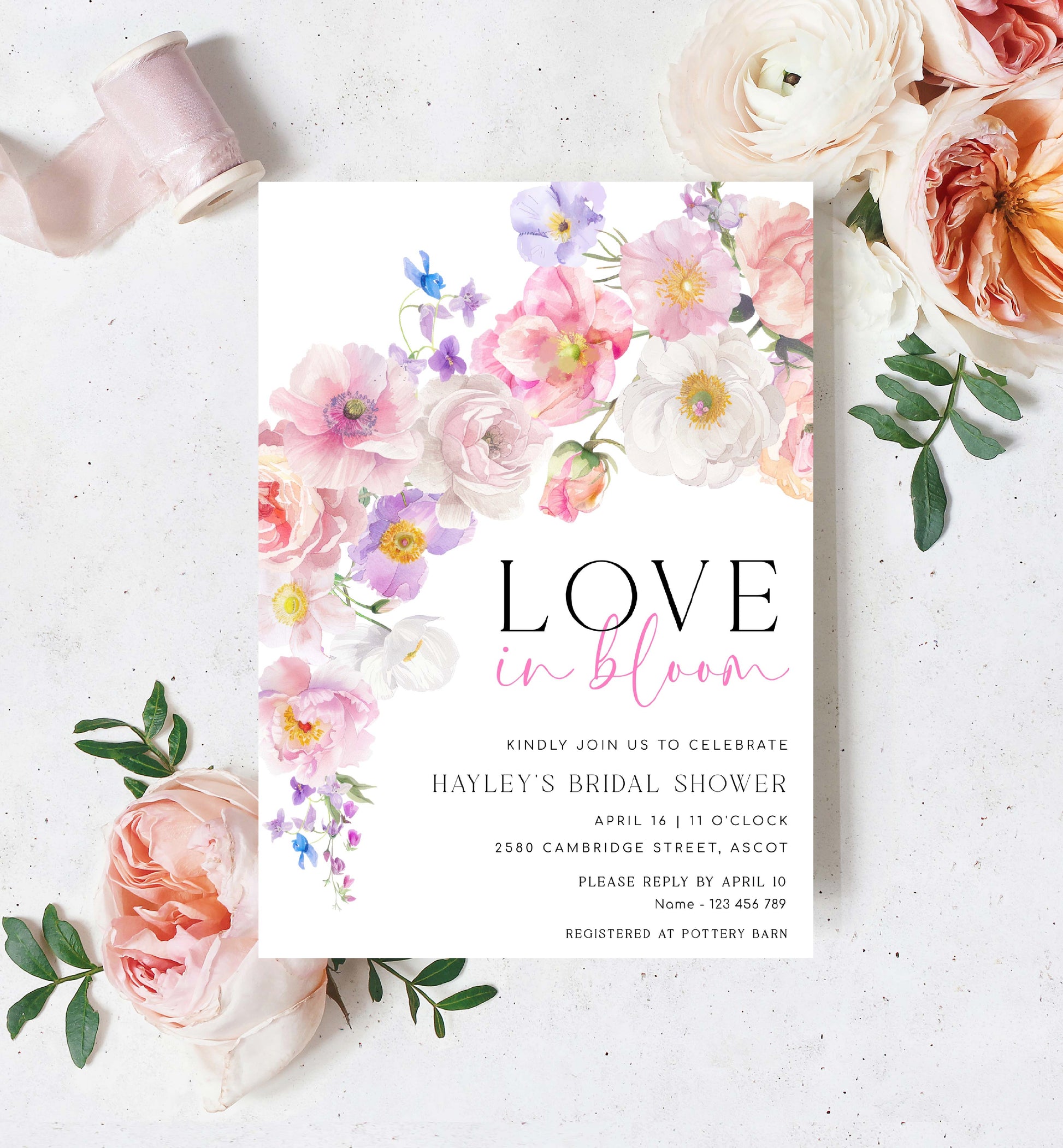 Love In Bloom Bridal Shower Invitation Template, Spring and Summer Wildflowers, Printable Hot Pink Floral Bridal Shower Invite, Eloise