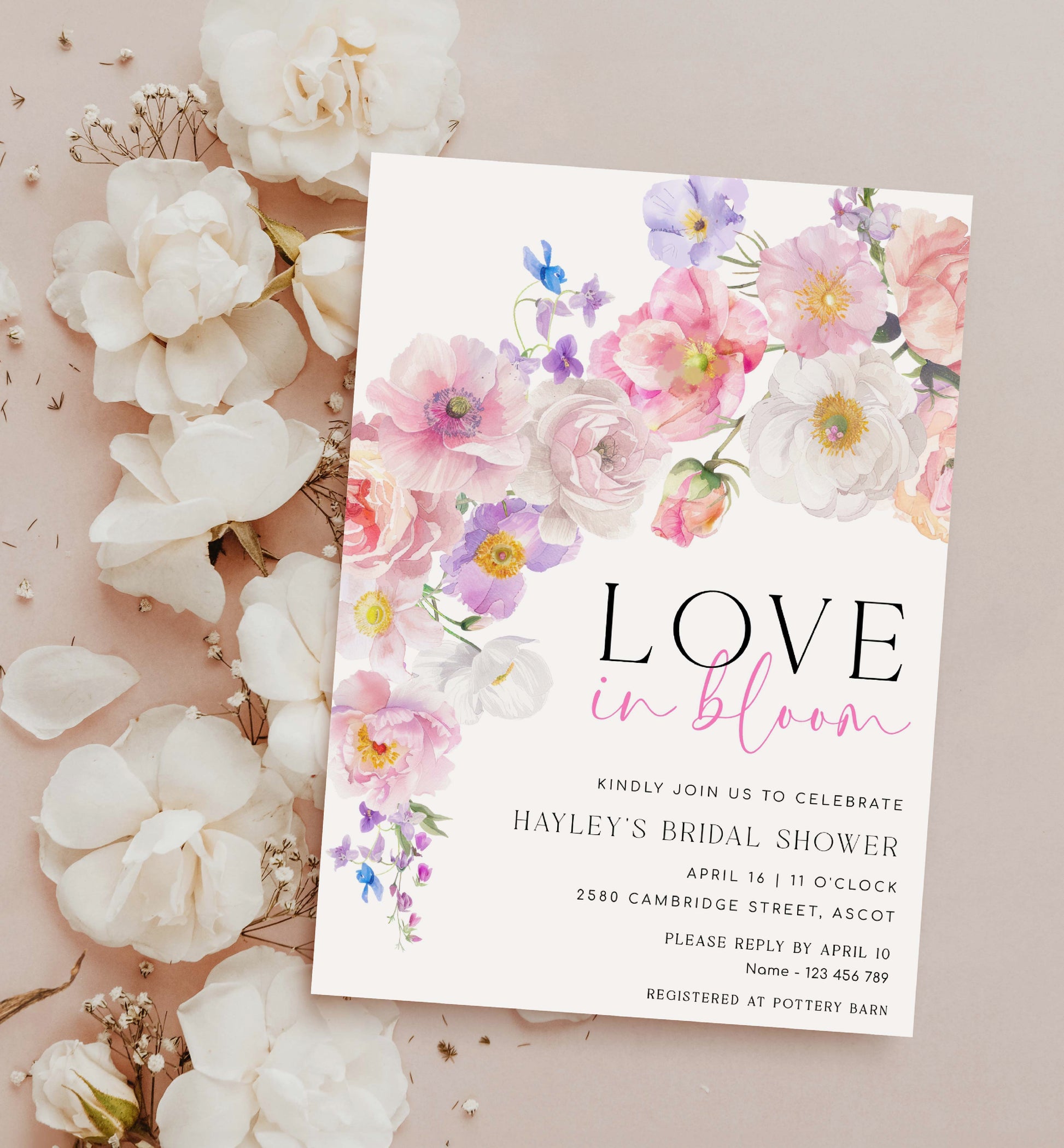 Love In Bloom Bridal Shower Invitation Template, Spring and Summer Wildflowers, Printable Hot Pink Floral Bridal Shower Invite, Eloise