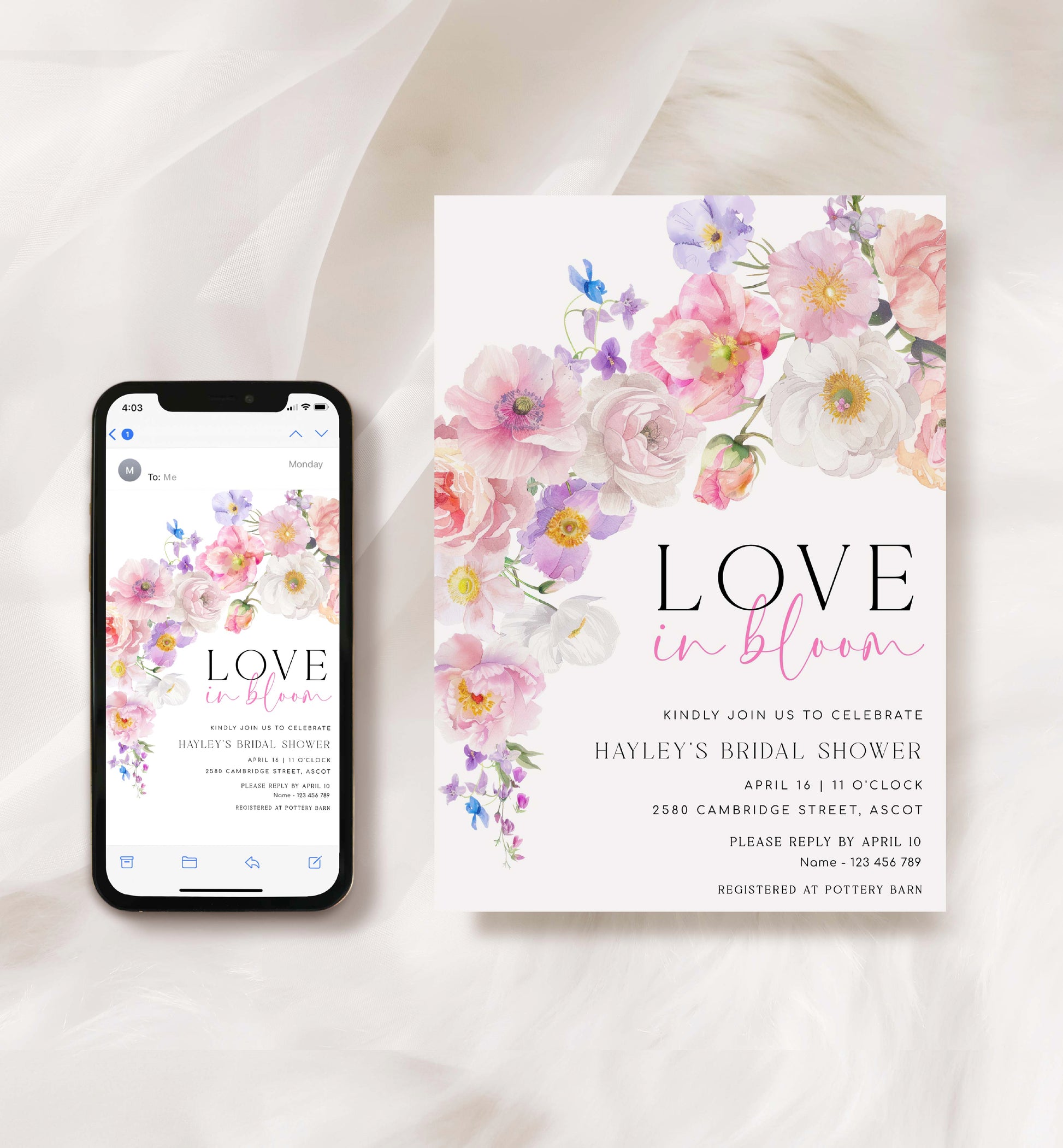 Love In Bloom Bridal Shower Invitation Template, Spring and Summer Wildflowers, Printable Hot Pink Floral Bridal Shower Invite, Eloise