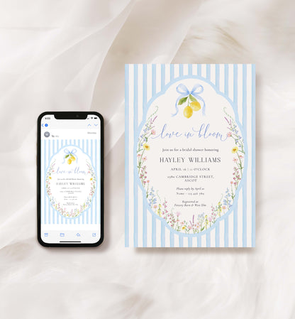 Phone displaying a bridal shower invitation on a matching card with floral and lemon design. Printable Love In Bloom Shower Invitation Template, Something Blue Bridal Shower Invite, Spring Wildflower Bridal Brunch Evite, Posey